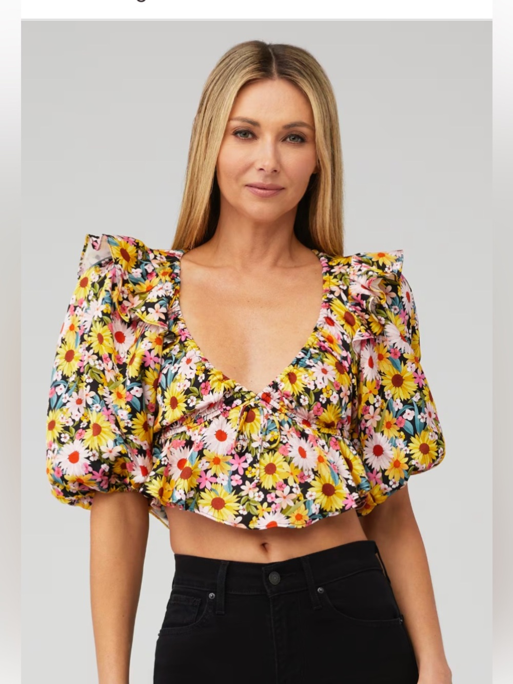 For Love & Lemons by Revolve. Yellow Multi Floral Puff-Sleeve Crop Top